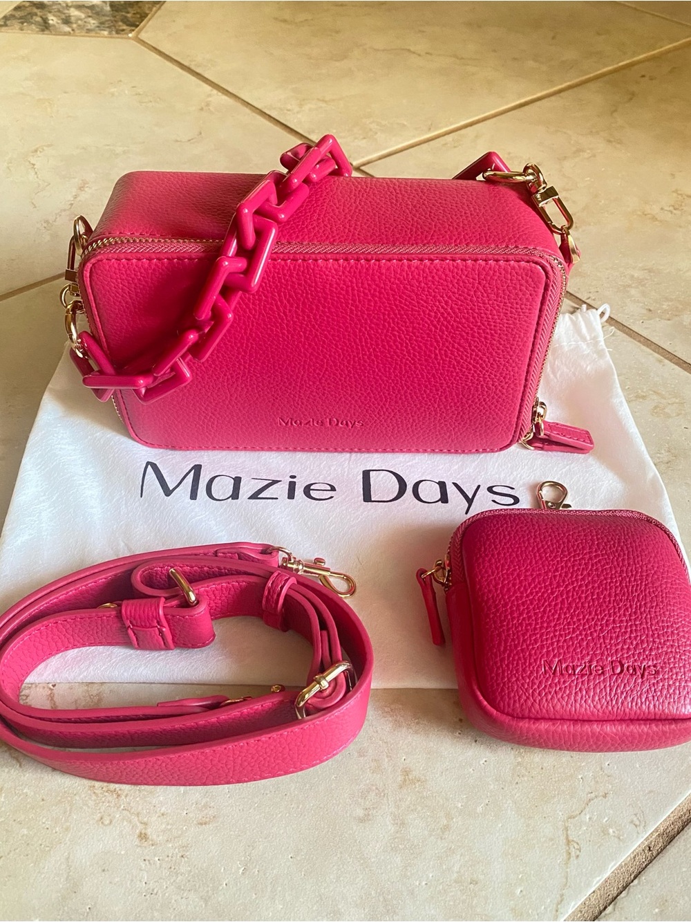 Mazie Days “Millie” Hot Pink Crossbody Bag w/Pouch & Chain Shoulder Strap